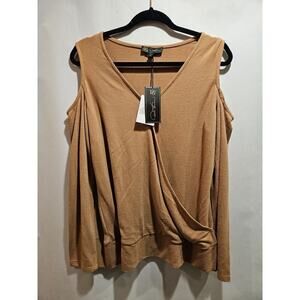 DG2 by Diane Gilman Could Shoulder V-Neck Faux Wrap Top Sweater Brown Women's L